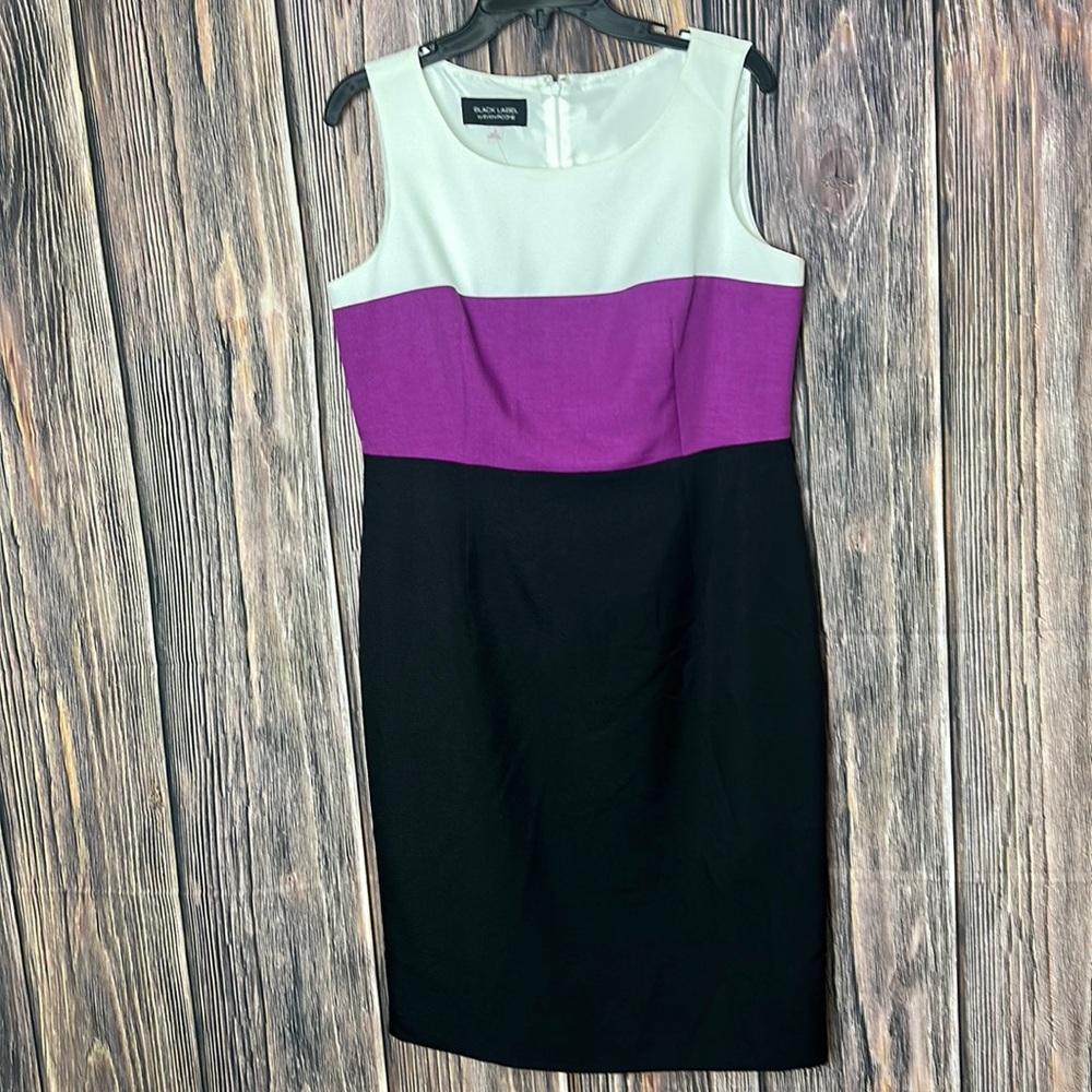 Black Label by Evan Picone White, Purple & Black Sleeveless Sheath Dress sz 10